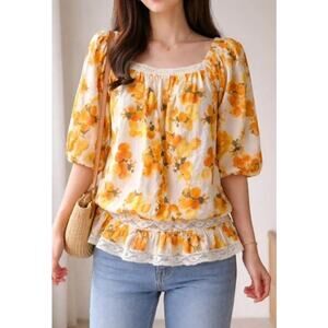 Artelier Nicole Miller Linen-Blend Tunic Crochet Top in Floral Print L